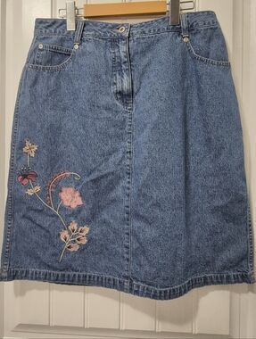 Womens Vintage Reflect Jeans Denim Skirt W Floral Embroidery Size 14